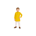 Child wearing a yellow kurta with white pants on a white background