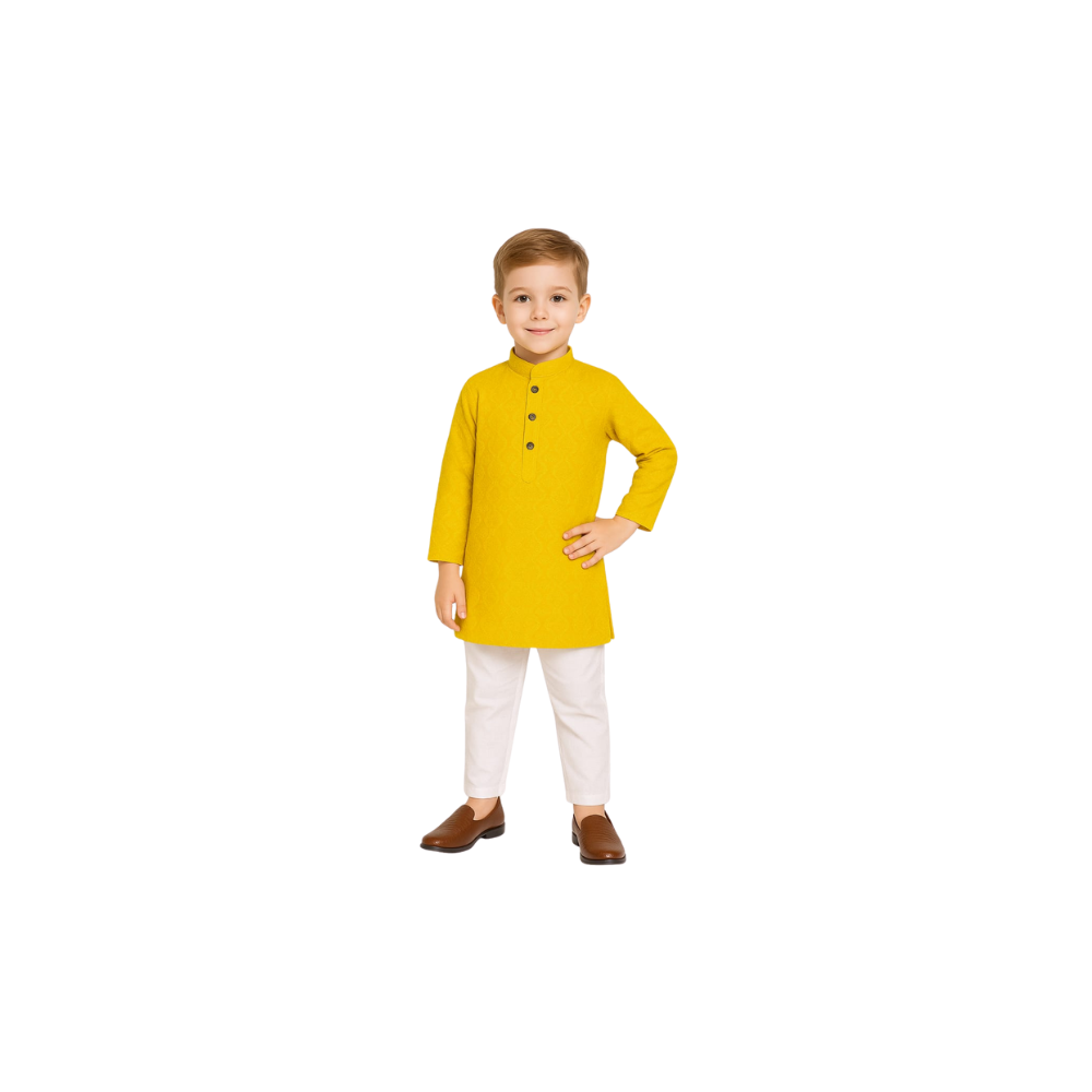 Child wearing a yellow kurta with white pants on a white background