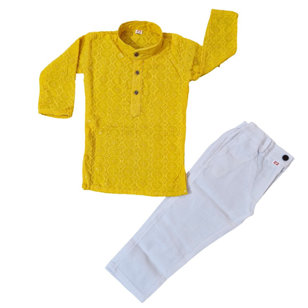 Yellow kurta with white pants on a white background
