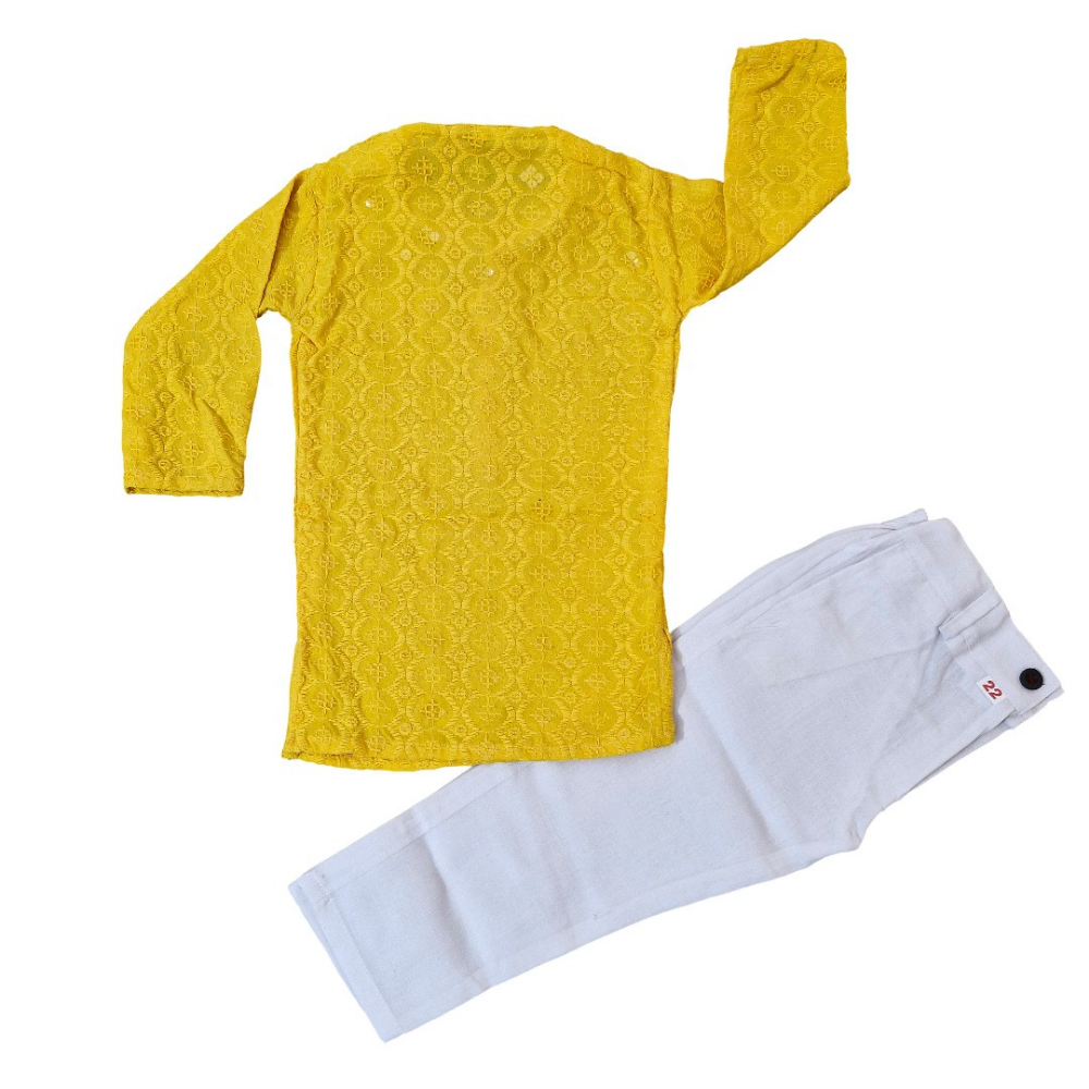 Yellow long-sleeve shirt and white pants on a white background