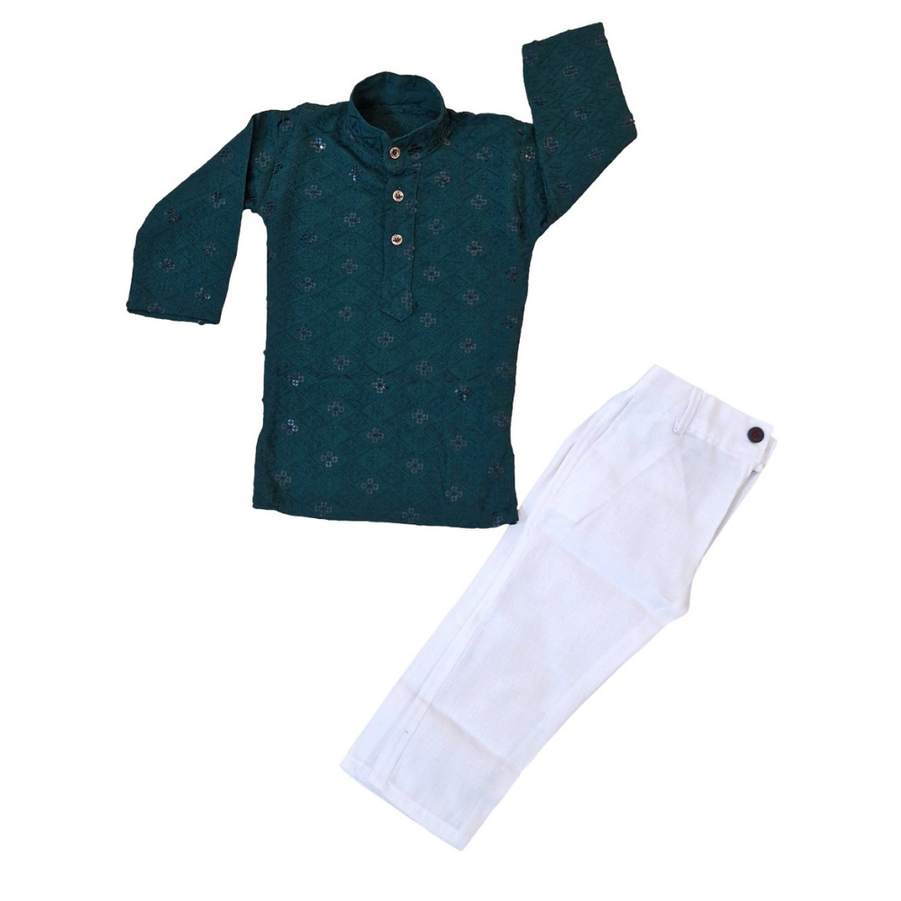 Green kurta with white pants on a white background