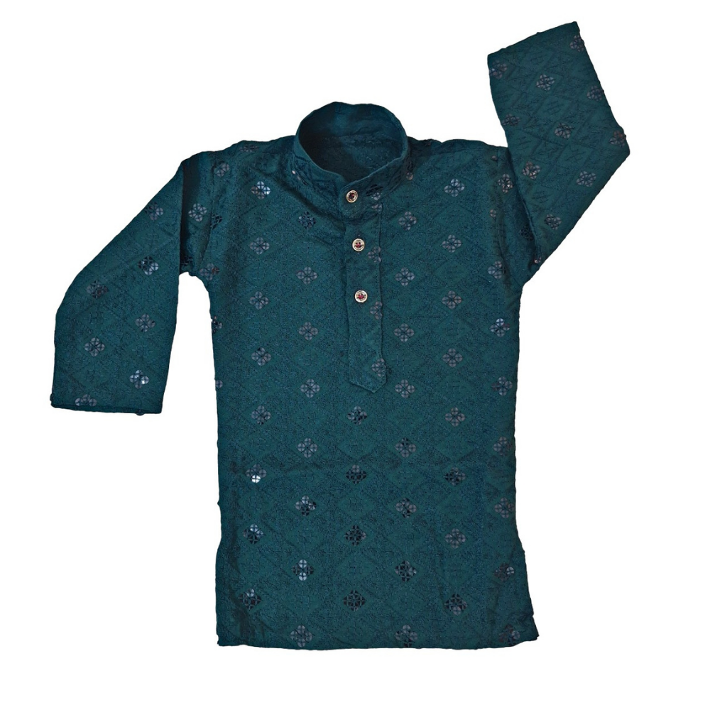 Teal patterned shirt with long sleeves on a white background