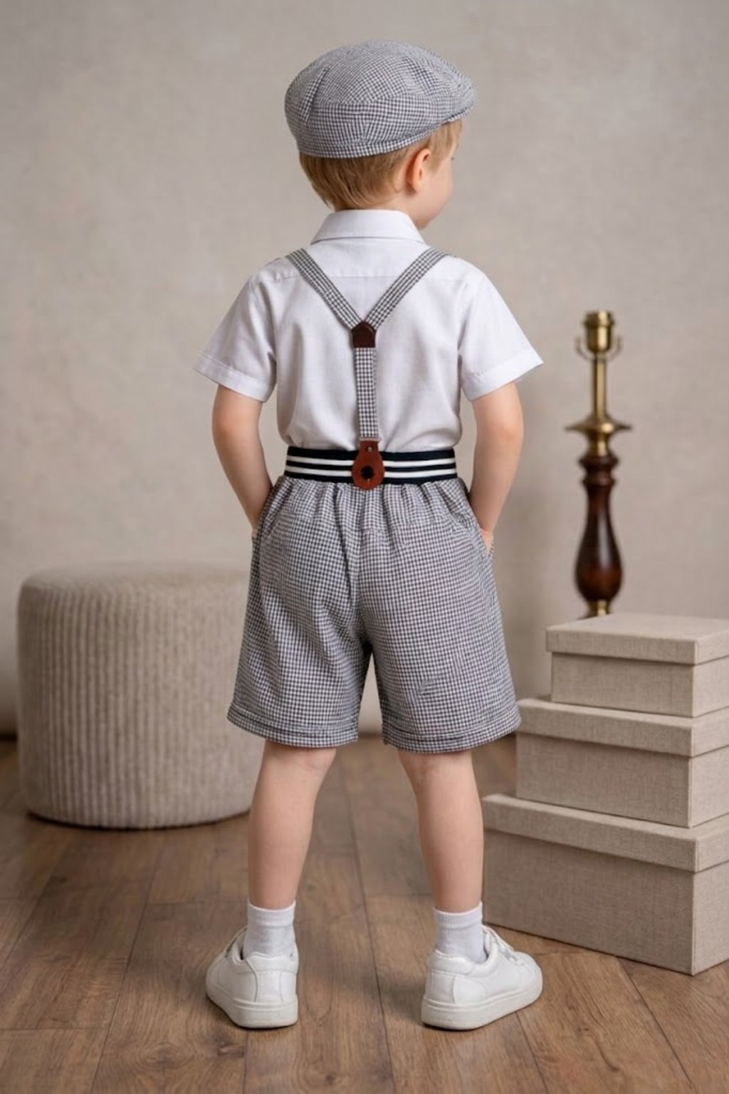 Boys Black & White Suspender Outfit Set with Cap & Bow Tie | Kids Vintage Party Wear Dress - Zustenjoy.com