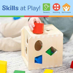 Shape Sorting Cube-Classic Montessori Wooden Toy with 15 Shapes-Kids Shape Sorter Toys for Toddlers Ages 2+, 12 Pcs