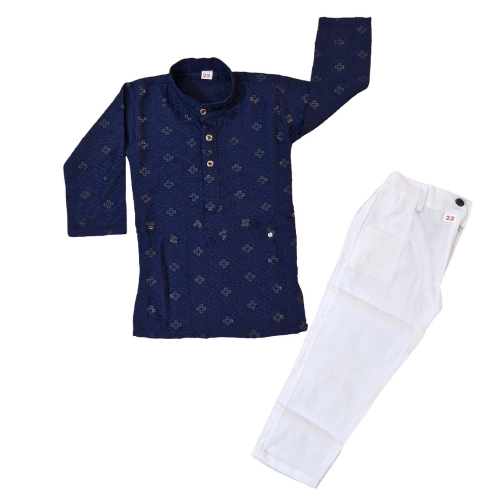 Navy blue kurta with white pants on a white background