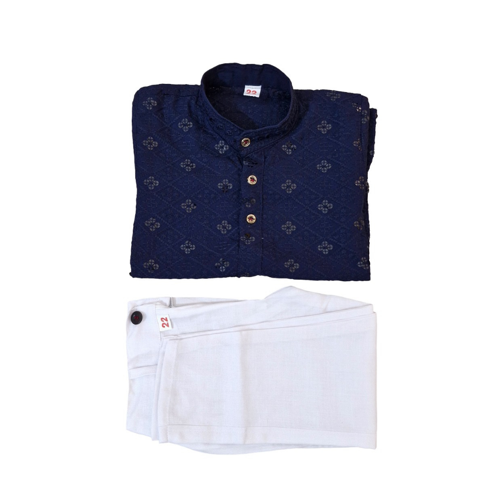 Folded navy blue kurta with white pants on a white background