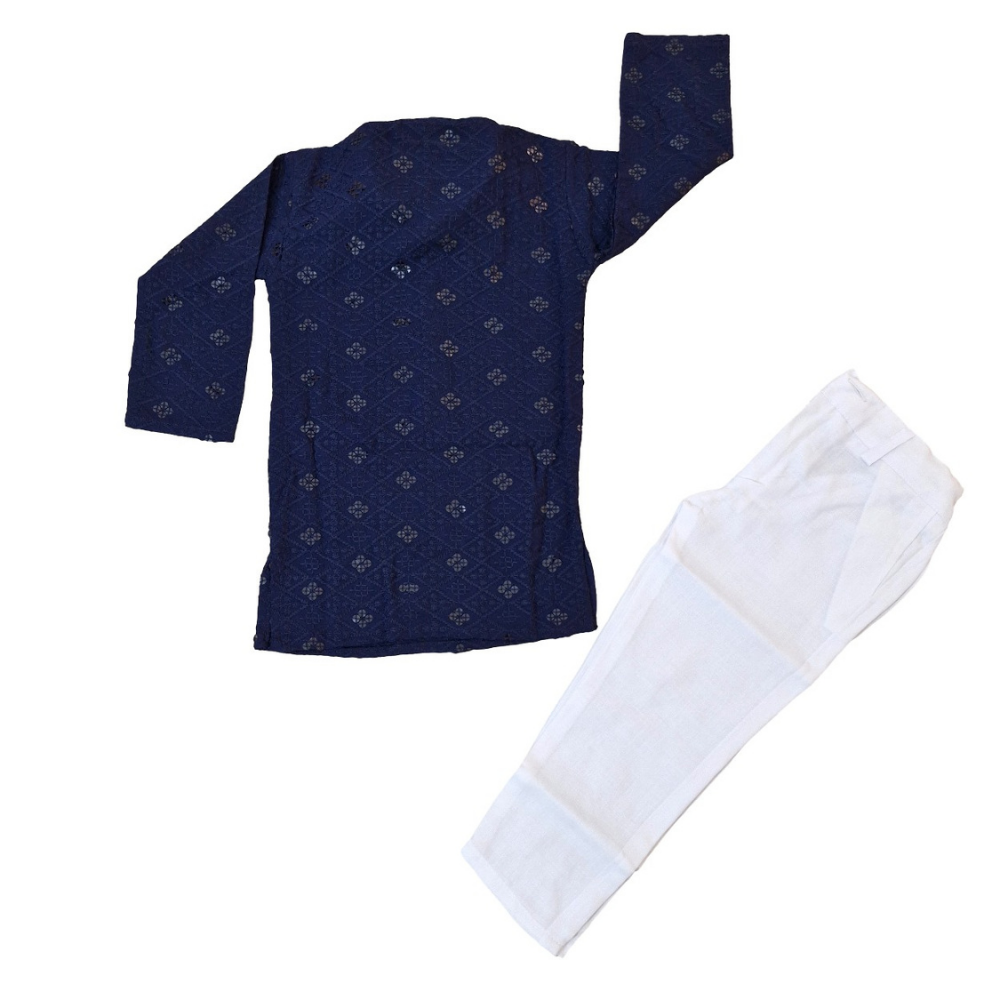 Navy blue kurta with white pants on a white background