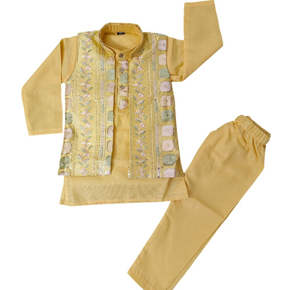 Yellow embroidered traditional outfit on a white background