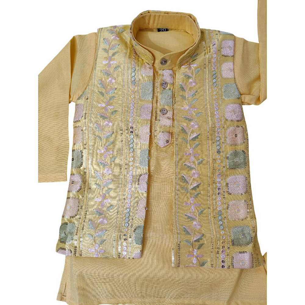 Yellow embroidered traditional outfit on a white background