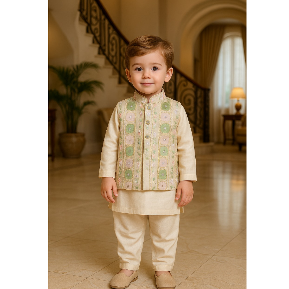 Young boy in a traditional outfit standing in an elegant interior setting