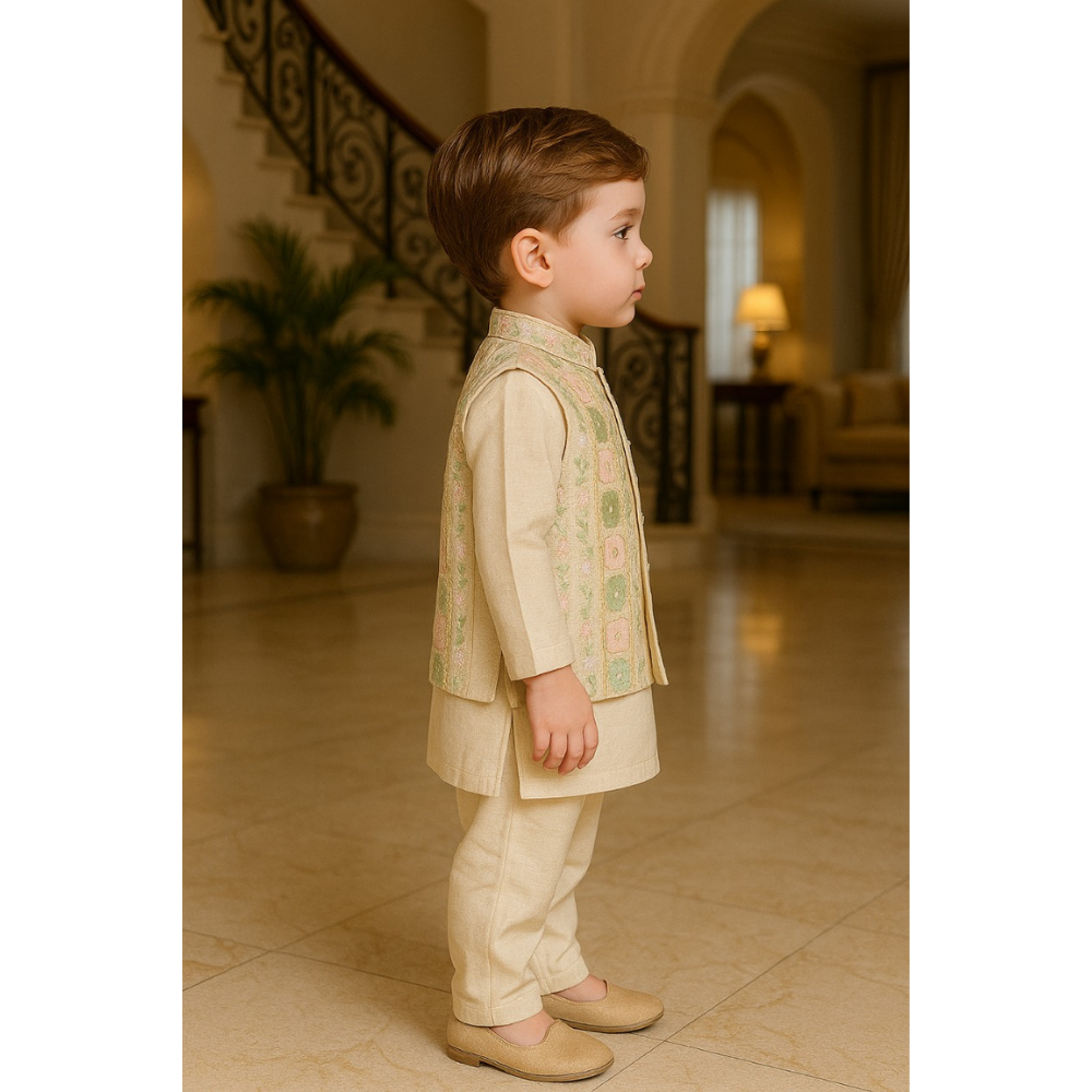 Child wearing a traditional outfit in an elegant interior setting