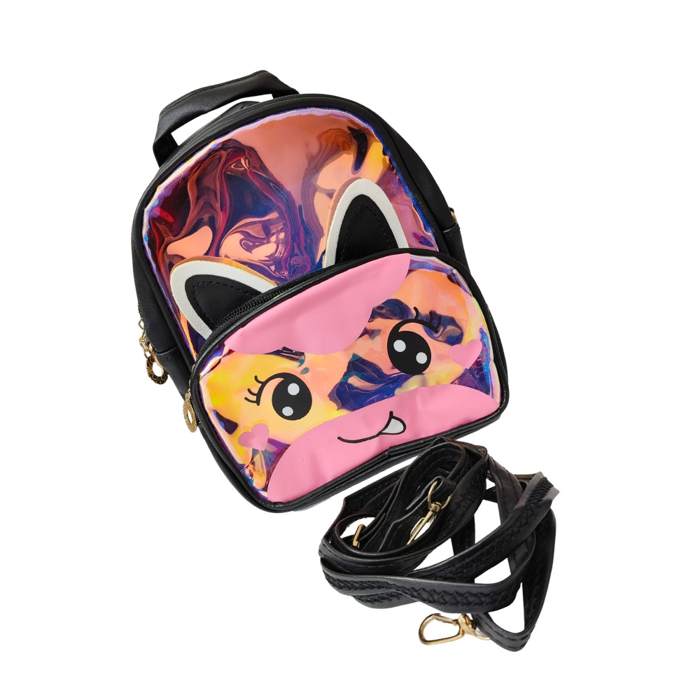 Colorful character-themed backpack with a pink face and black strap on a white background