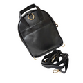 Black leather backpack with gold hardware on a white background