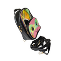 Black backpack with a colorful cartoon face design on a white background