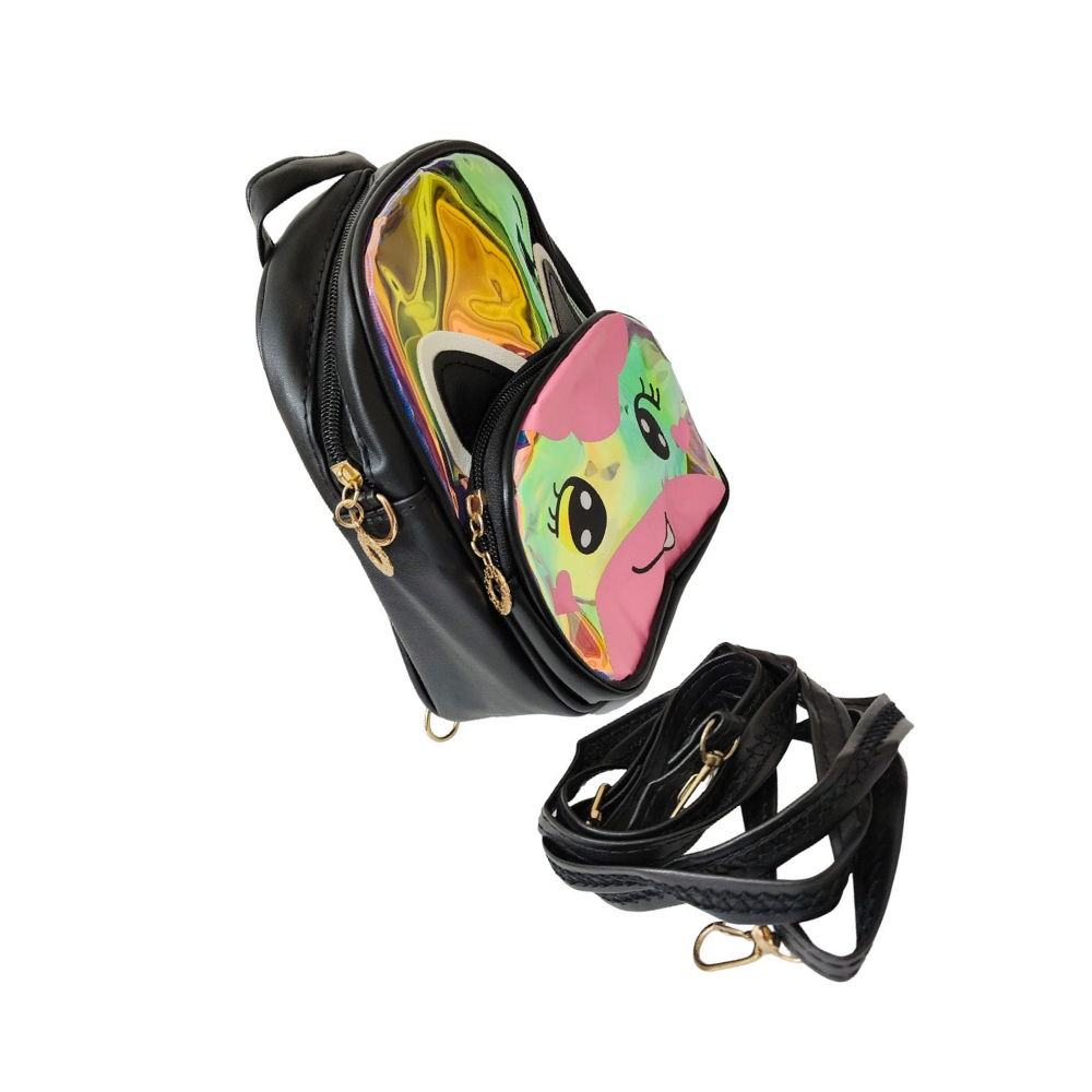 Black backpack with a colorful cartoon face design on a white background