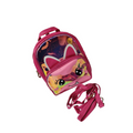 Pink backpack with cartoon character design on a white background