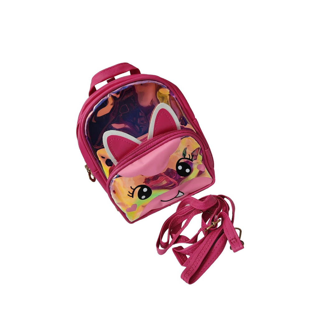 Pink backpack with cartoon character design on a white background