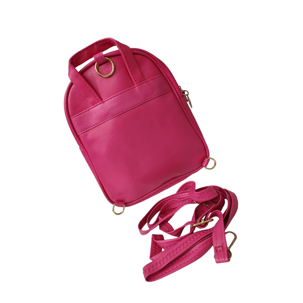 Pink backpack with a detachable strap on a white background