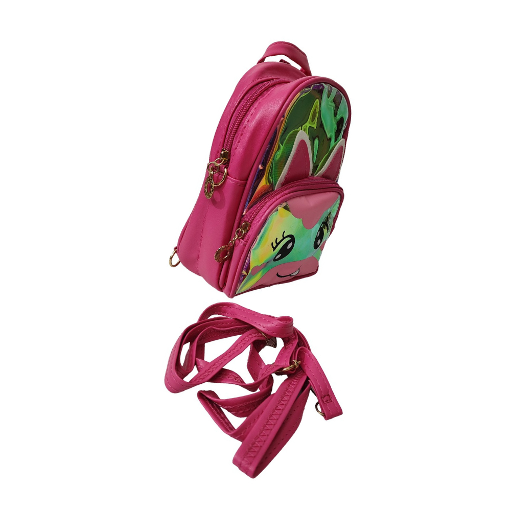 Pink backpack with cartoon design on a white background