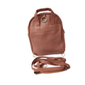 Brown leather backpack with a strap on a white background