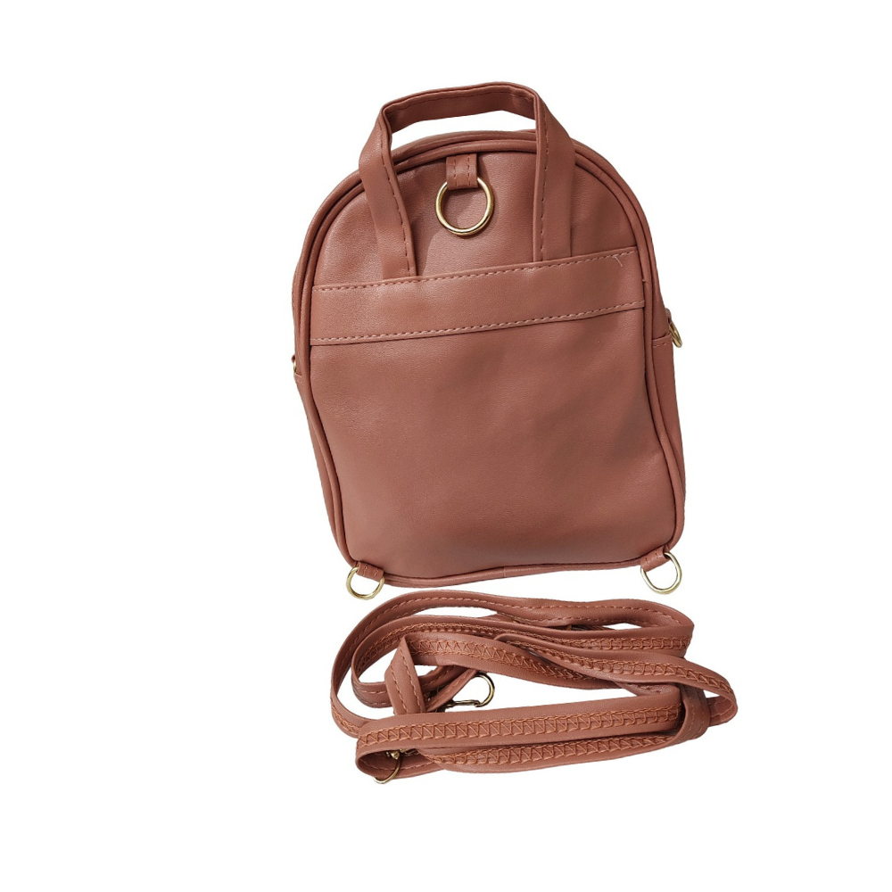 Brown leather backpack with a strap on a white background