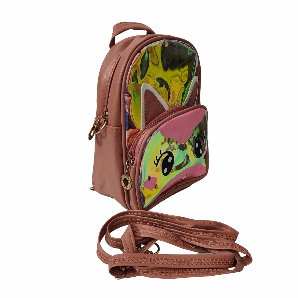 Woman wearing a pink backpack with a cartoon design outdoors.