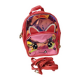 Pink backpack with cartoon face design on a white background