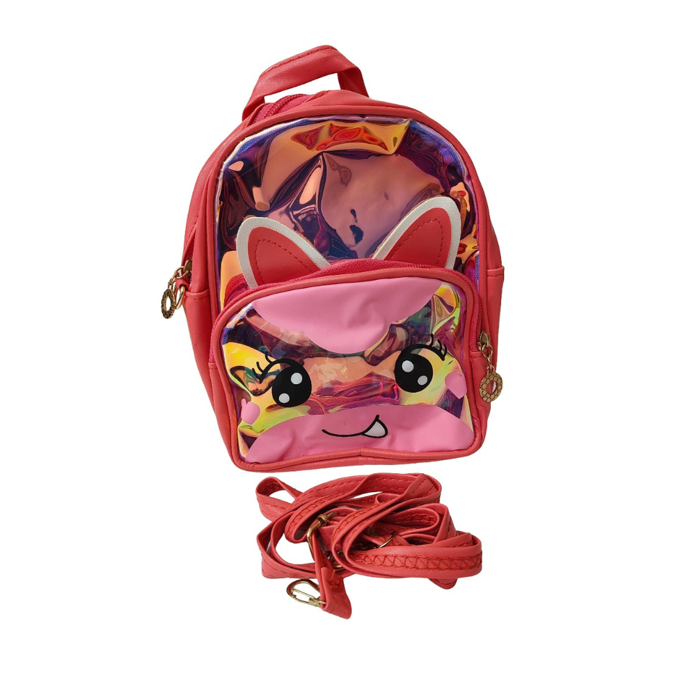 Pink backpack with cartoon face design on a white background