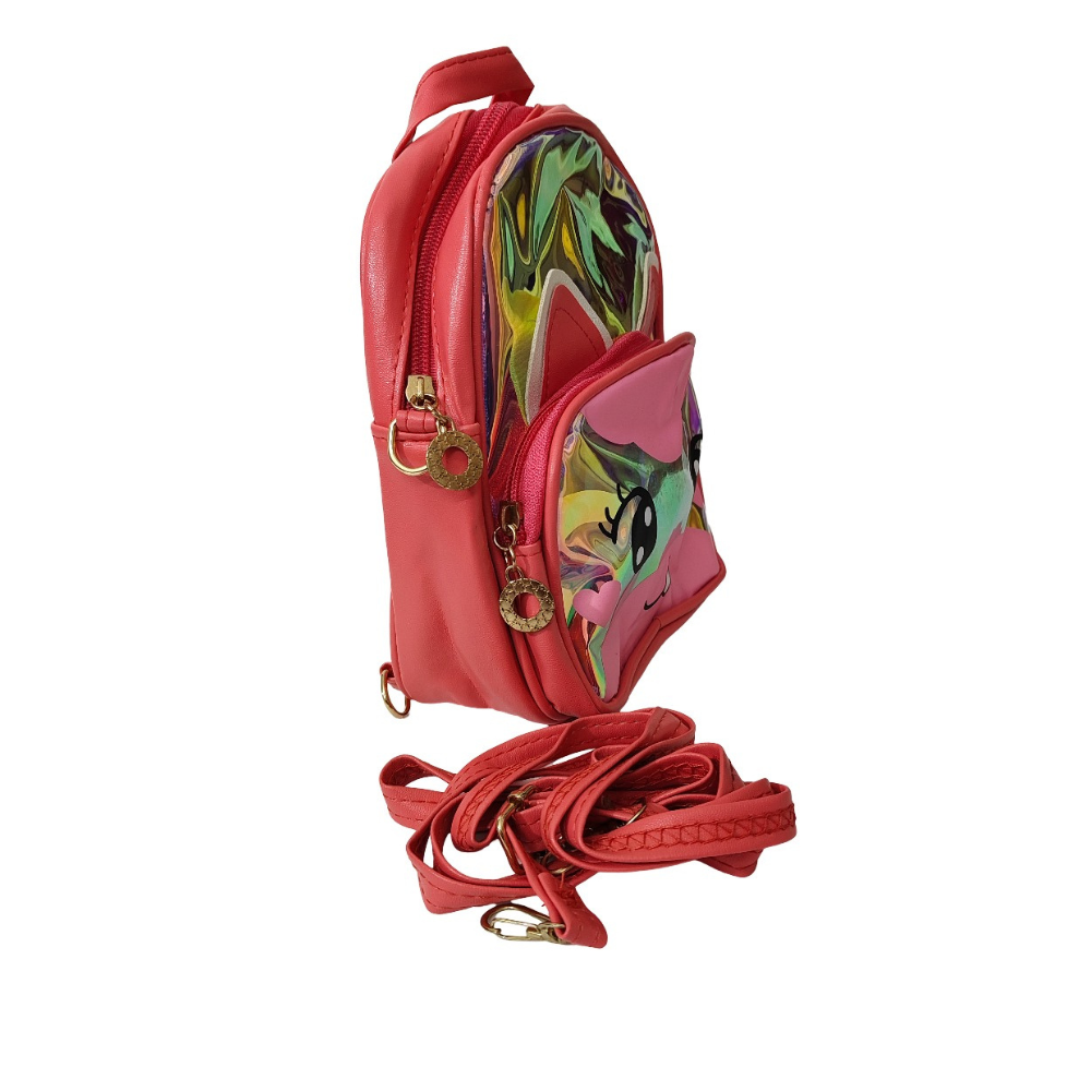Red backpack with colorful floral design on a white background