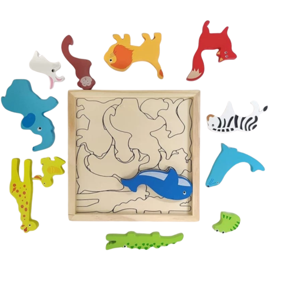 Wooden puzzle with animal shapes on a white background