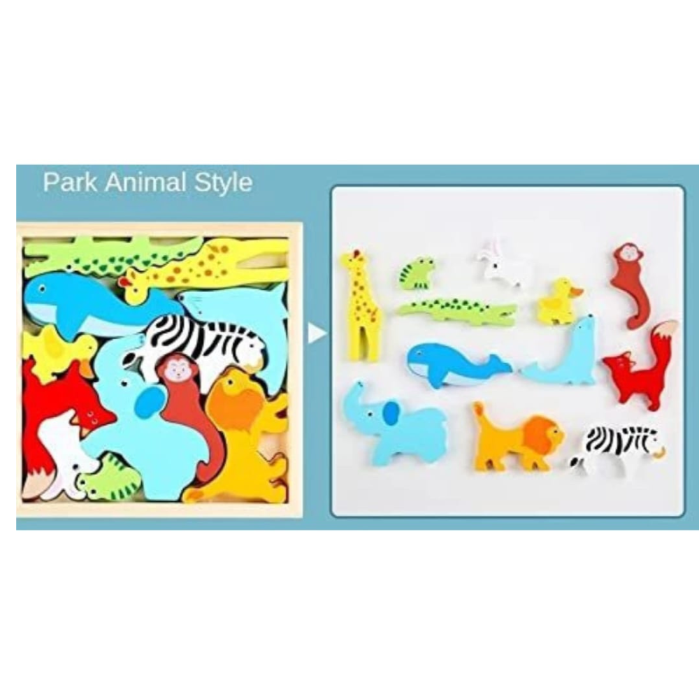 Colorful animal-themed wooden puzzle with magnetic pieces on a white background.