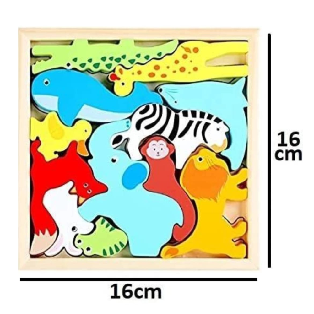 Wooden puzzle with colorful animal figures in a wooden frame, size indicated as 16cm.