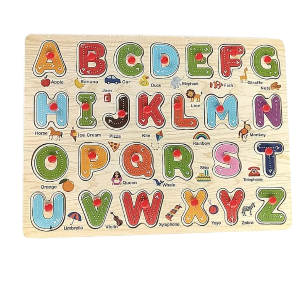 Child playing with a wooden alphabet puzzle in a nursery setting