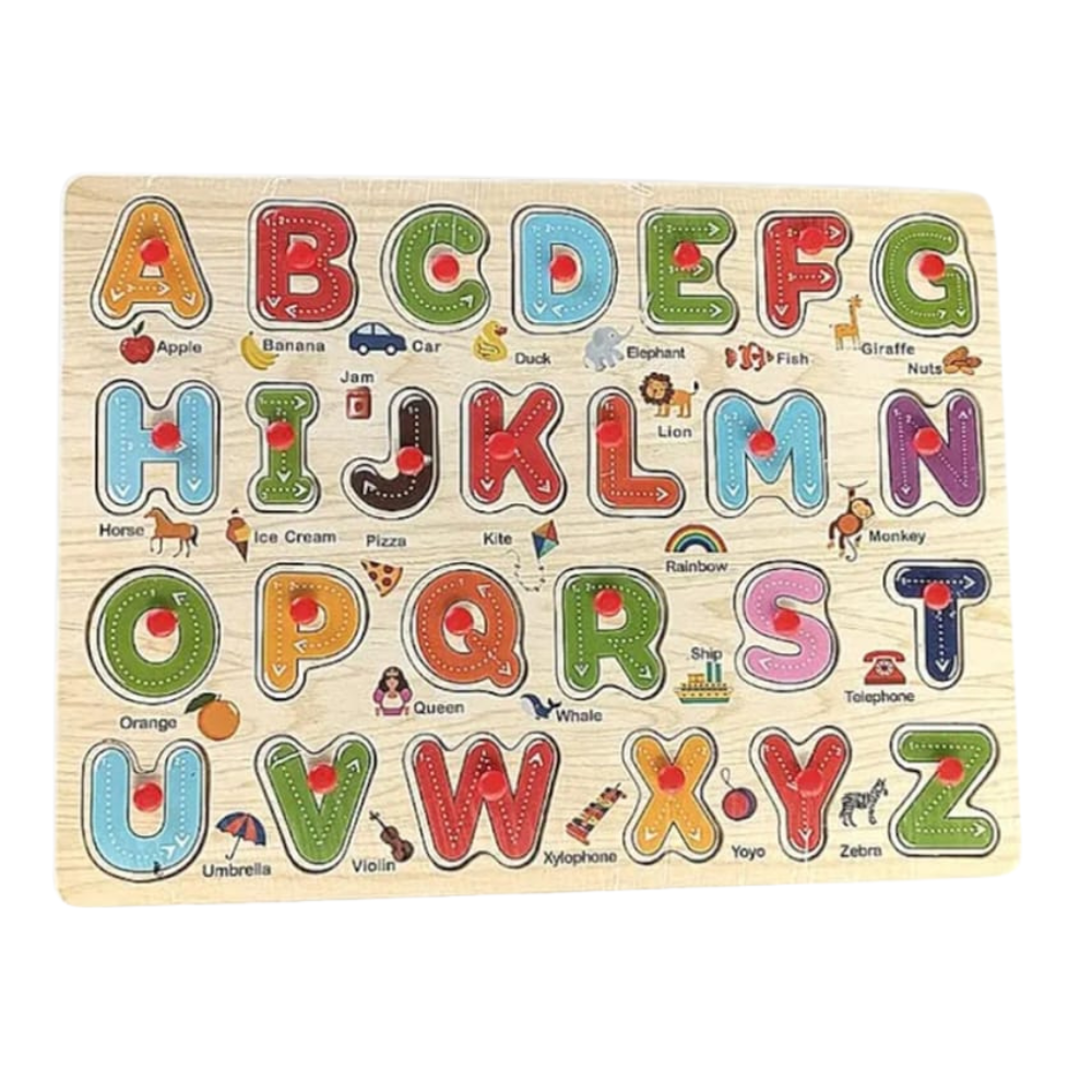 Wooden alphabet puzzle with colorful letters and illustrations on a white background