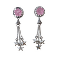 Pair of earrings with pink rose-like stones and star-shaped dangling elements on a white background