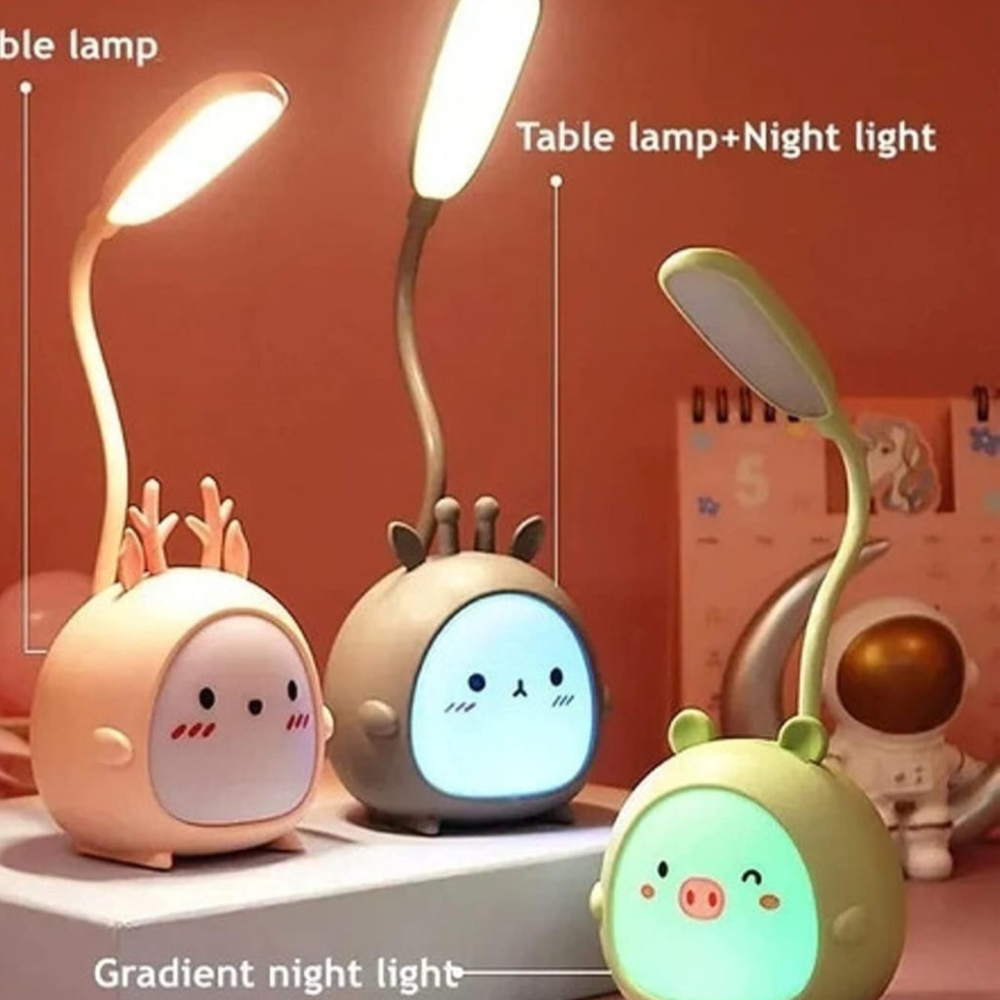 Three cartoon-style night lights with animal designs on a pink background.