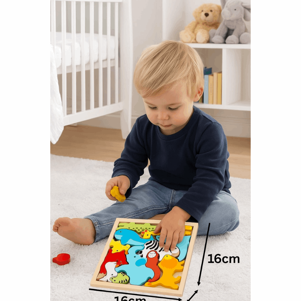 Child playing with a wooden puzzle in a nursery setting