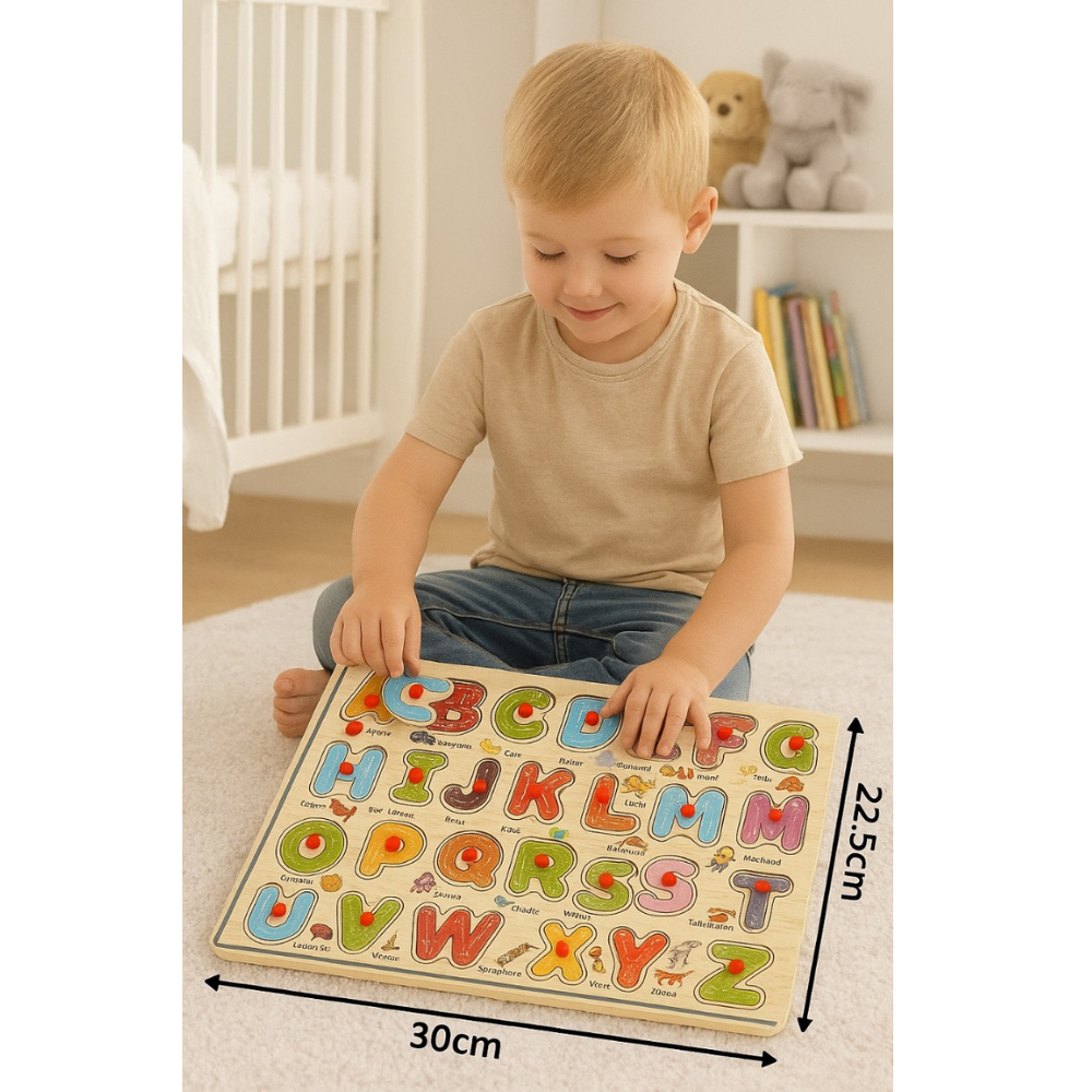 Child playing with a wooden alphabet puzzle in a nursery setting