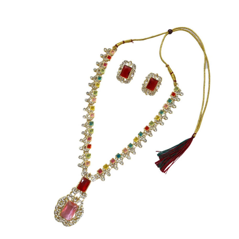 Jewelry set with necklace, earrings, and hair accessory on a white background