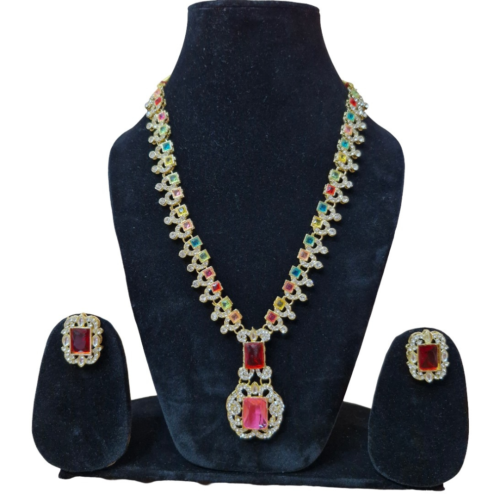 Jewelry set with necklace and earrings on a black stand