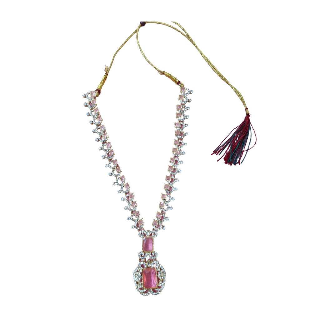 Necklace with pink gemstone pendant and tassel on a white background