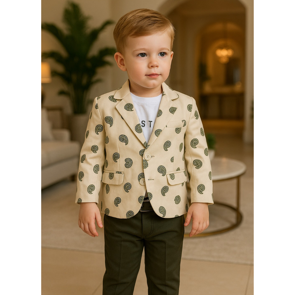 Child wearing a patterned blazer in an indoor setting