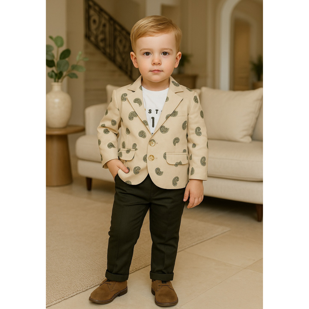 Young boy in a beige blazer with green pattern standing in a living room.
