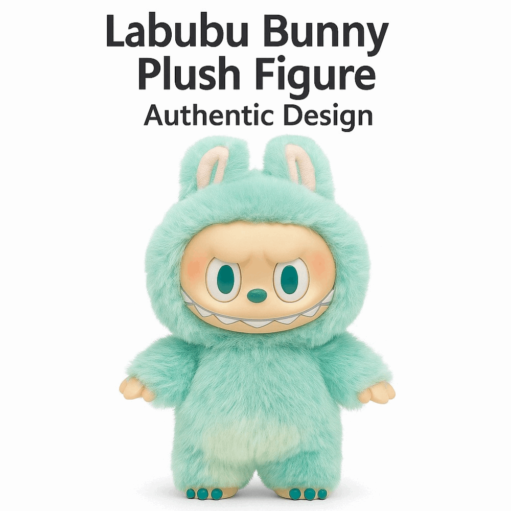 Green plush toy with bunny ears on a white background