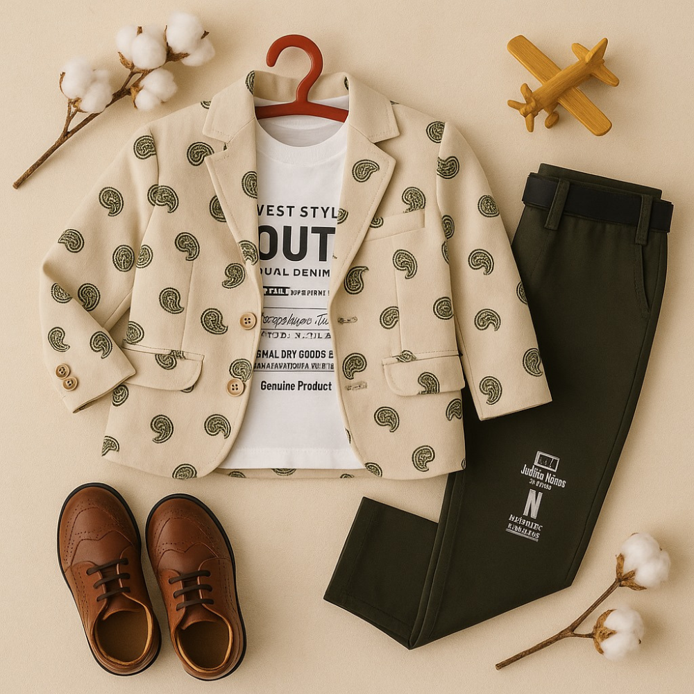Fashionable outfit with beige patterned blazer, black pants, white t-shirt, and brown shoes on a neutral background.