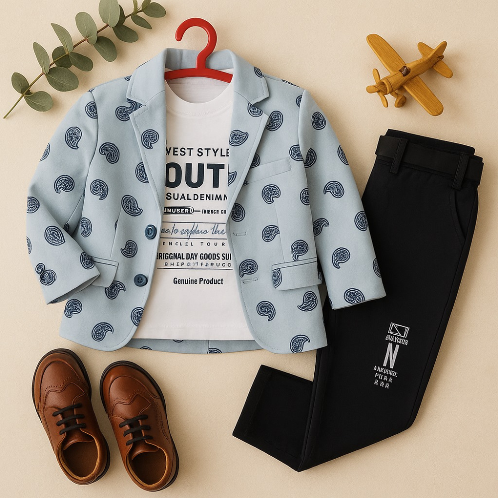 Children's clothing set with blazer, t-shirt, pants, and shoes on a beige background