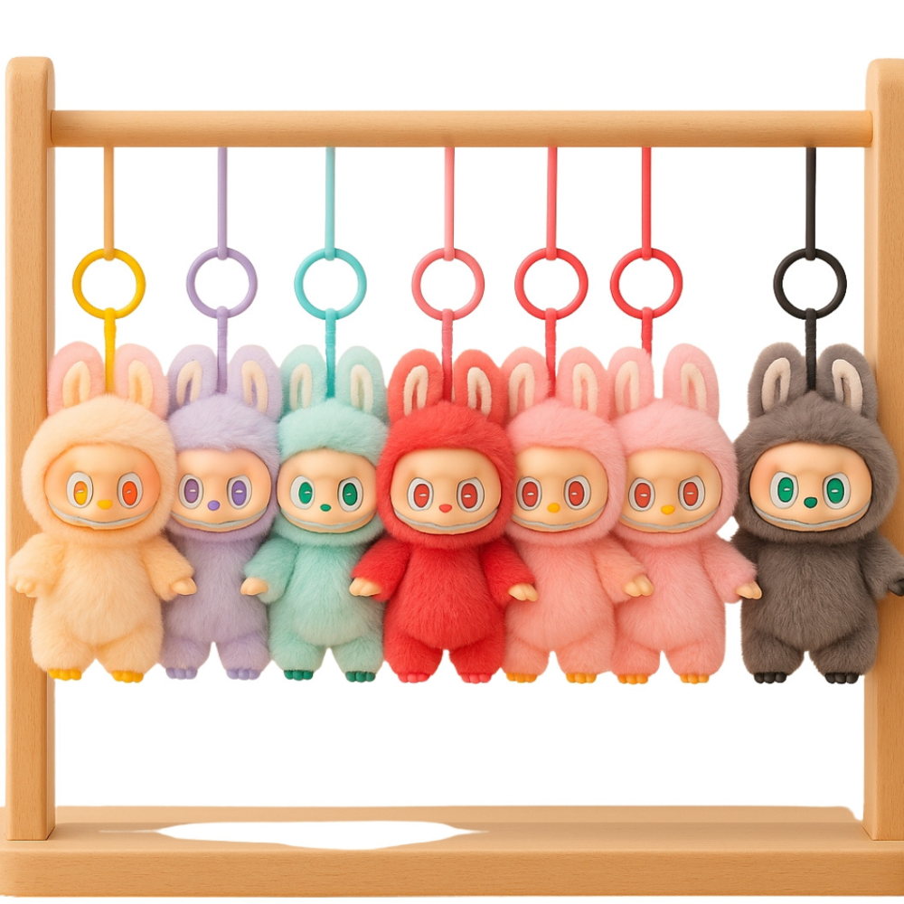 Colorful plush toys hanging on a wooden rack