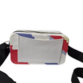 Colorful patterned waist bag with a strap on a white background