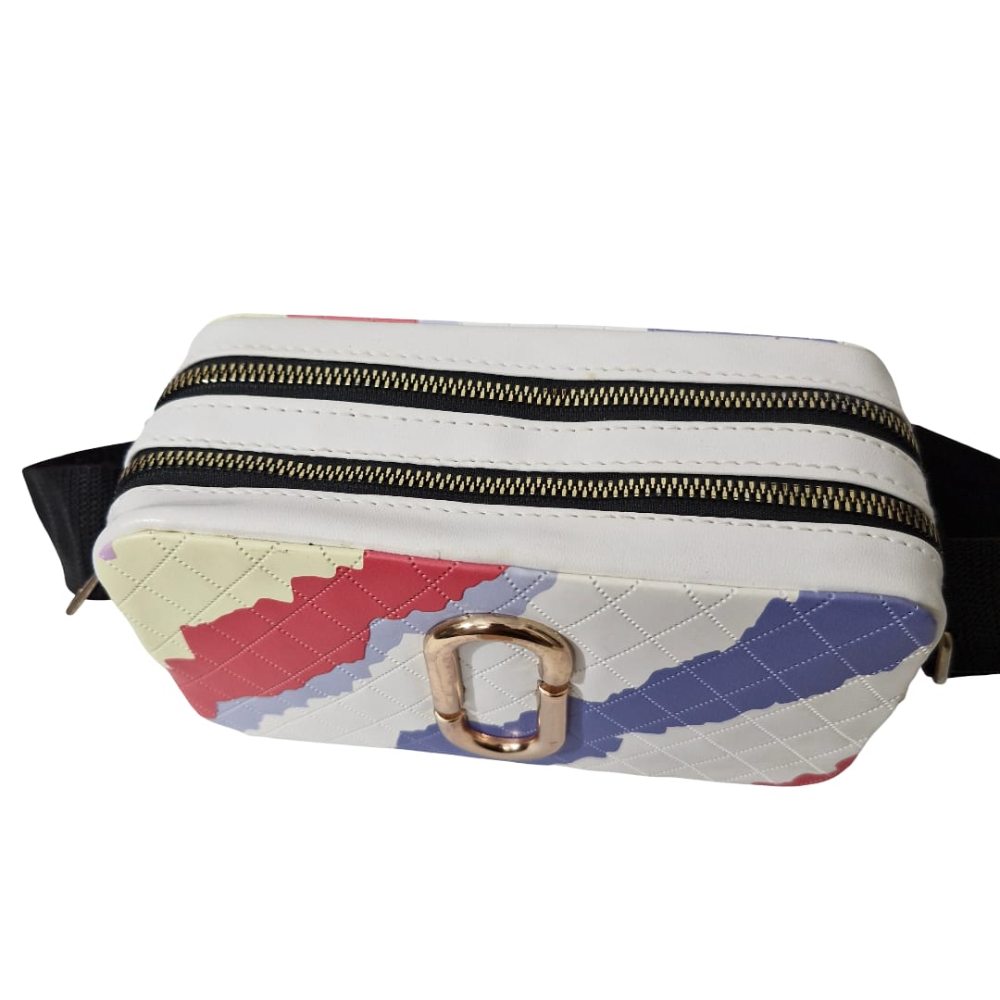 Model carrying a colorful handbag with a visible brand logo against a neutral background