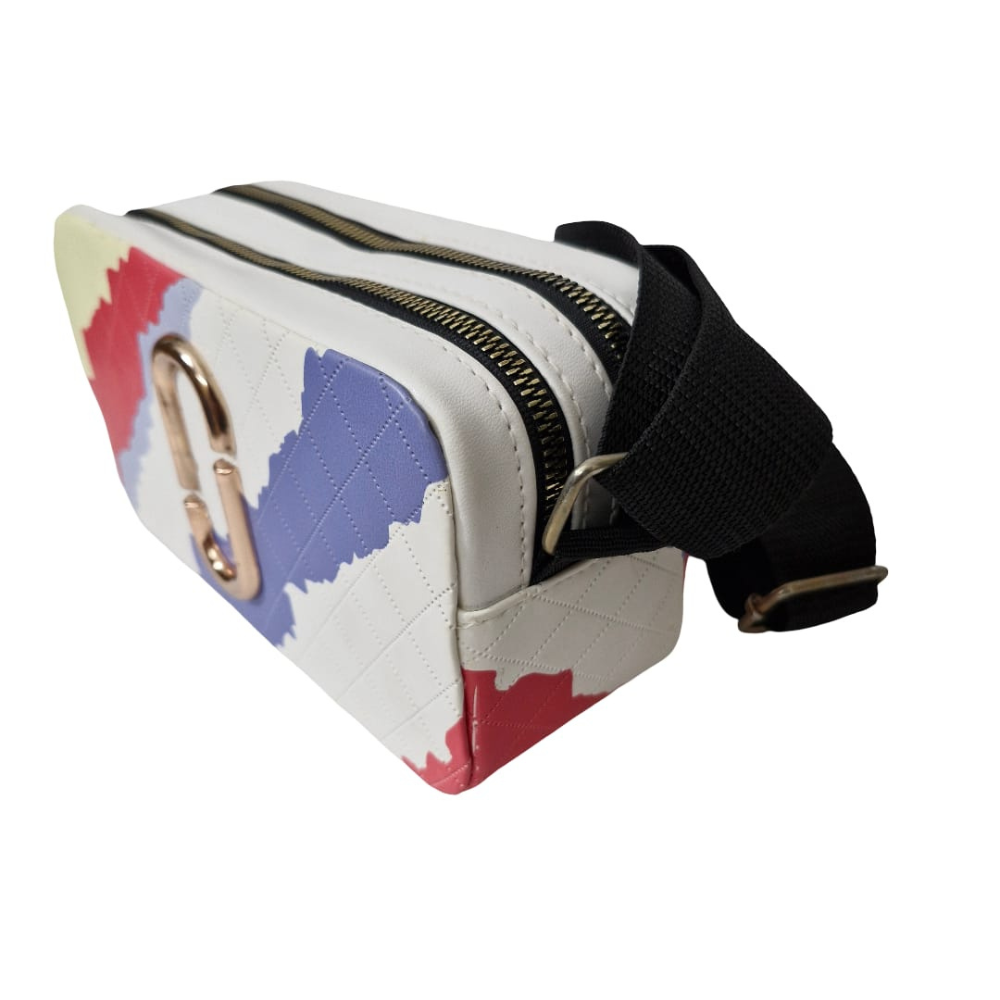 Colorful belt bag with a black strap on a white background
